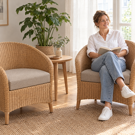 Lachende vrouw leest in een rieten fauteuil op een halfrond lounge zitkussen op maat van structuurstof in camel