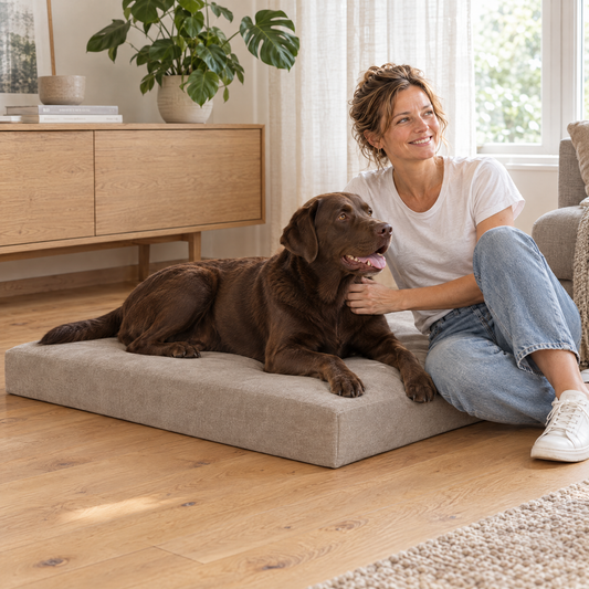 Lachende vrouw aait haar labrador op het hondenkussen op maat van velours in beige