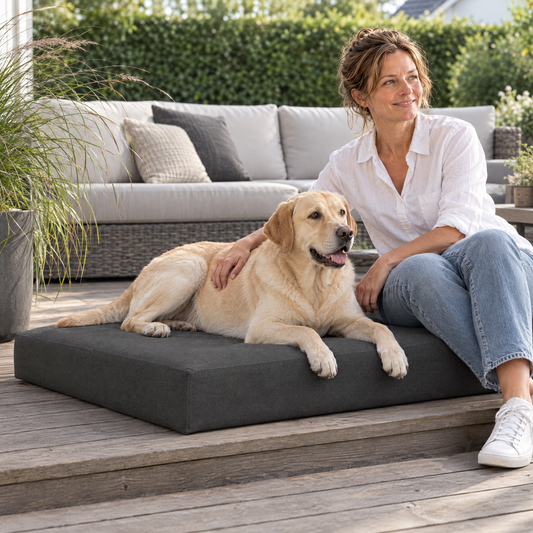 Lachende vrouw met haar labrador op het hondenkussen op maat voor buiten in grafiet op het terras
