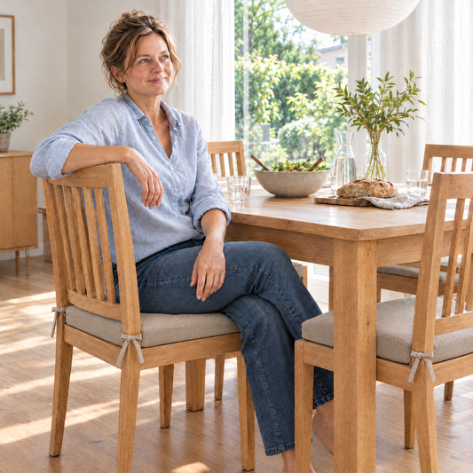 Vrouw aan de eettafel op eikenhouten stoelen met zitkussens op maat in camel met bevestigingsbanden