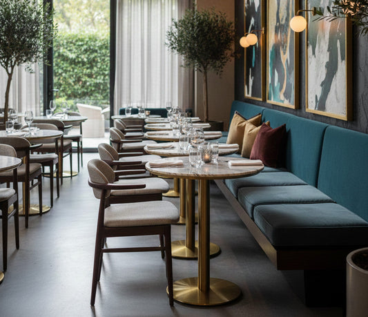 Restaurant-Interieur mit maßgefertigten Polsterbänken und Stühlen, hochwertigen Sitzkissen, Marmortischen und Olivenbäumen. Ideal für Gastronomie und professionelle Objekteinrichtung.