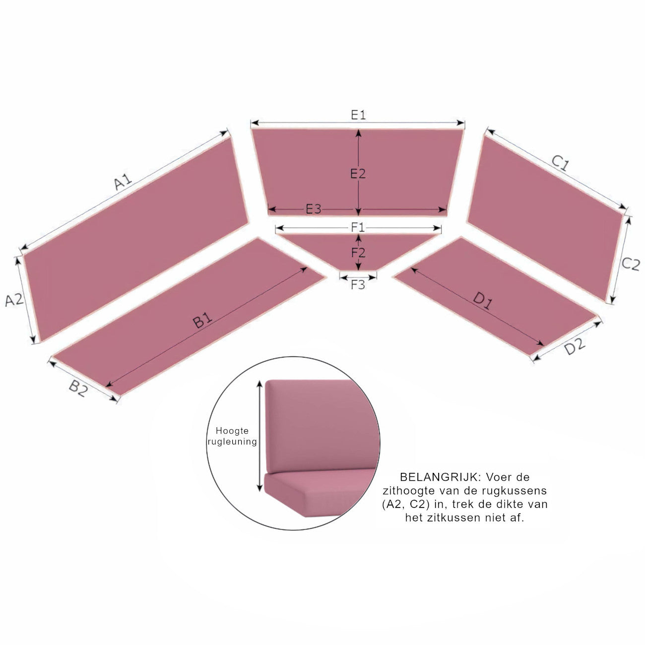 Gestoffeerde hoekbank met afmetingen rugleuning en trapeziumhoek