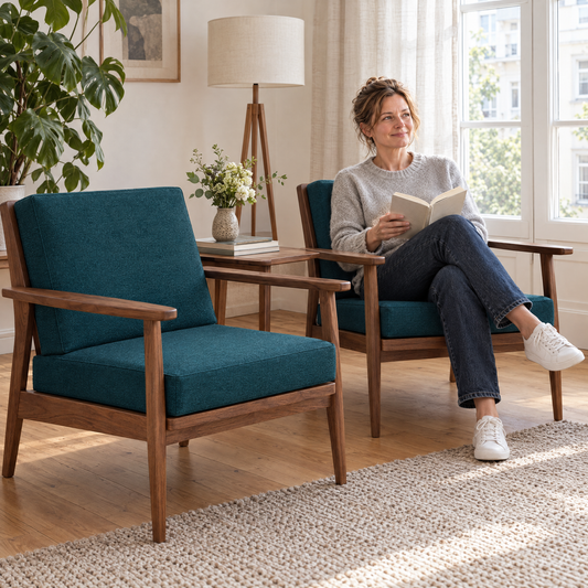 Lezende vrouw in een notenhouten loungestoel, ernaast een stoel met lounge zitkussen en rugkussen op maat van structuurstof in petrol