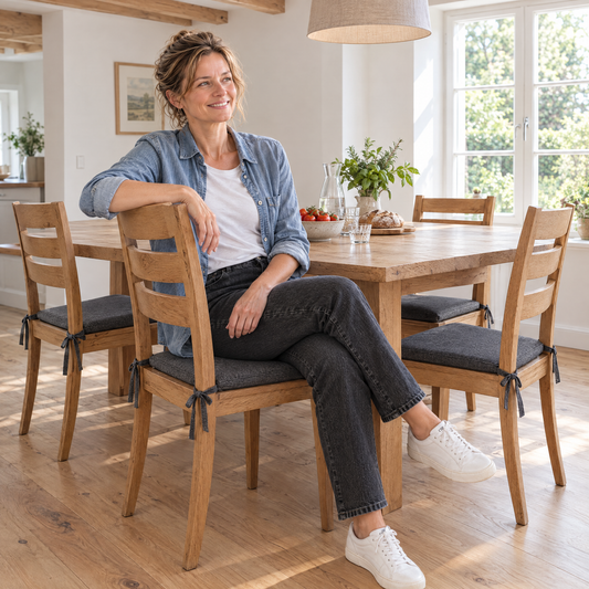 Lachende vrouw op een houten stoel aan de eettafel met trapezium stoelkussens op maat in grafiet met bevestigingsbanden